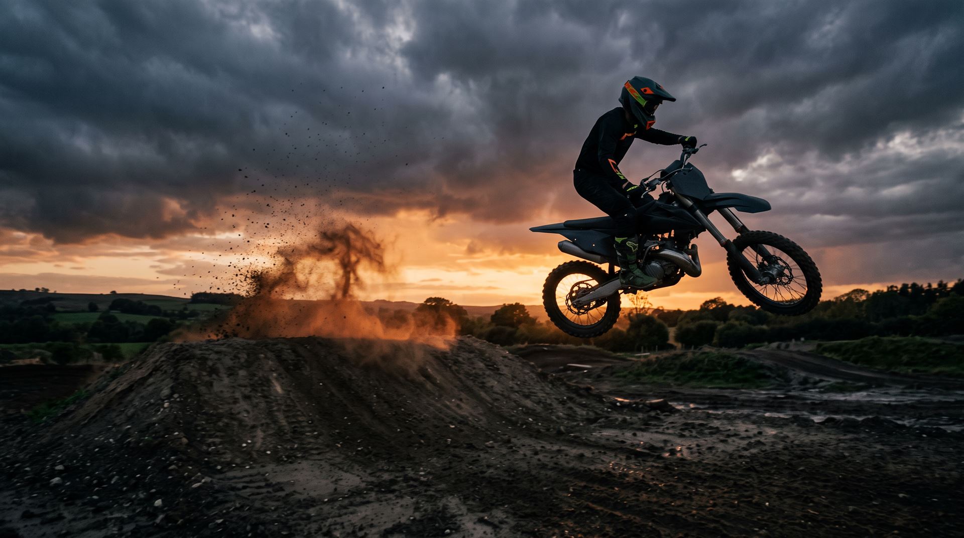 Motocross rider whipping the bike sideways over a dirt jump at dusk