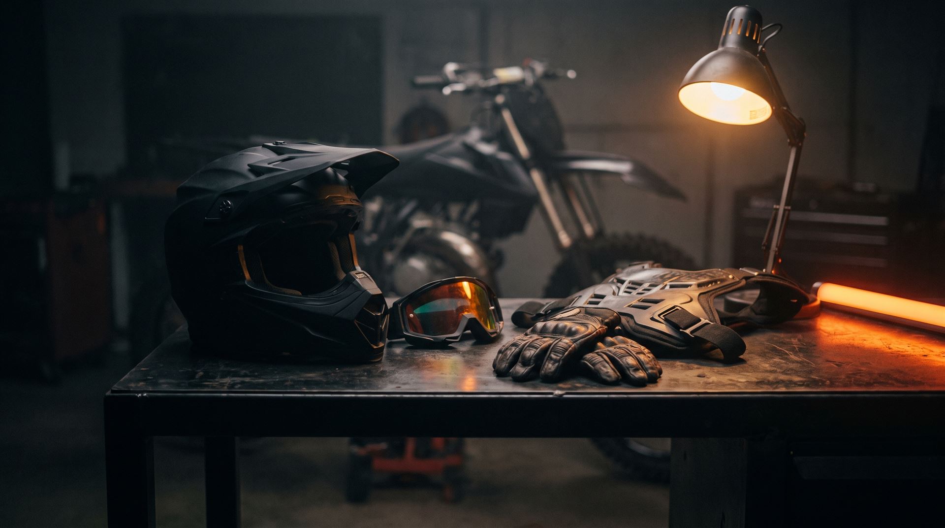Motocross helmet, goggles and gloves laid out on a pit garage workbench